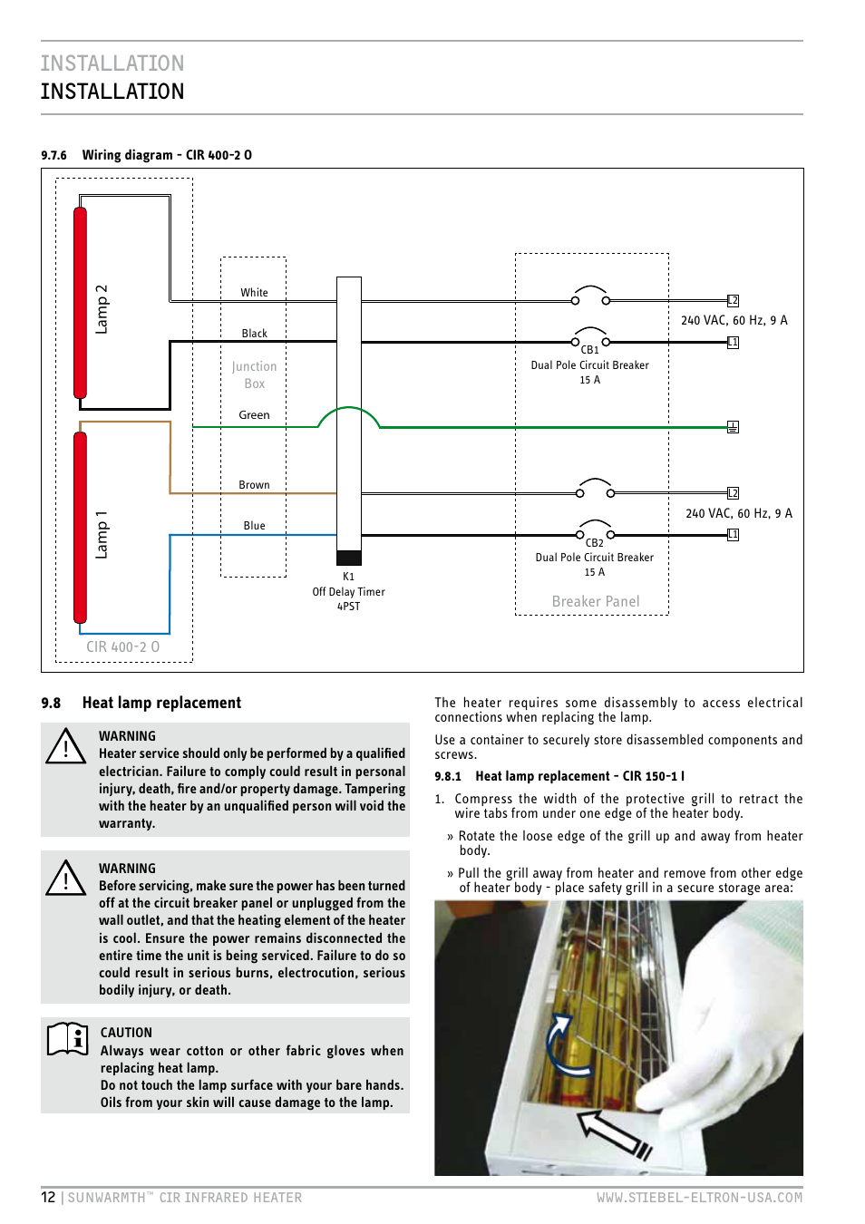 Cir 400-2 o wiring, Installation installation | STIEBEL ELTRON SunWarmth CIR 400-2 O User Manual | Page 12 / 72