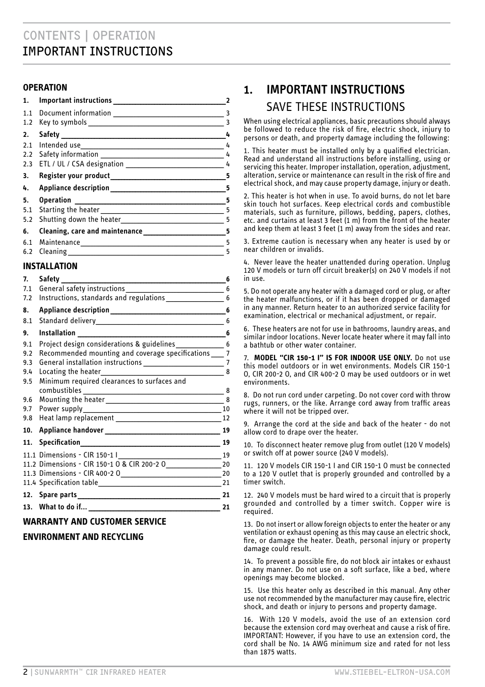 Operation | STIEBEL ELTRON SunWarmth CIR 400-2 O User Manual | Page 2 / 72