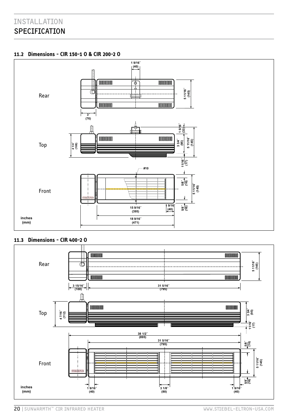 Installation specification, Rear, Rear top top front front | 20 |sunwarmth | STIEBEL ELTRON SunWarmth CIR 400-2 O User Manual | Page 20 / 72