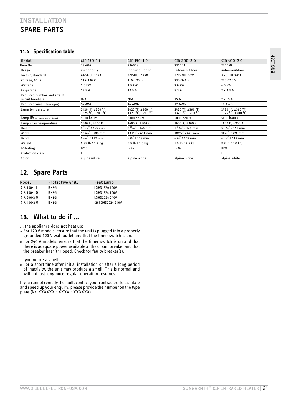 Installation spare parts, Spare parts, What to do if | 4 specification table, Cir infrared heater| 21 en g l is h, The appliance does not heat up | STIEBEL ELTRON SunWarmth CIR 400-2 O User Manual | Page 21 / 72