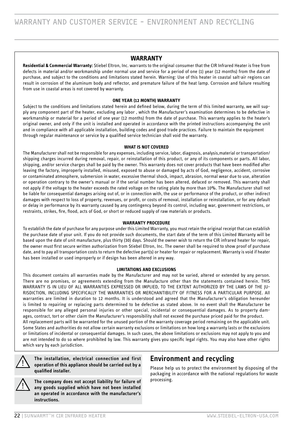 Environment and recycling | STIEBEL ELTRON SunWarmth CIR 400-2 O User Manual | Page 22 / 72