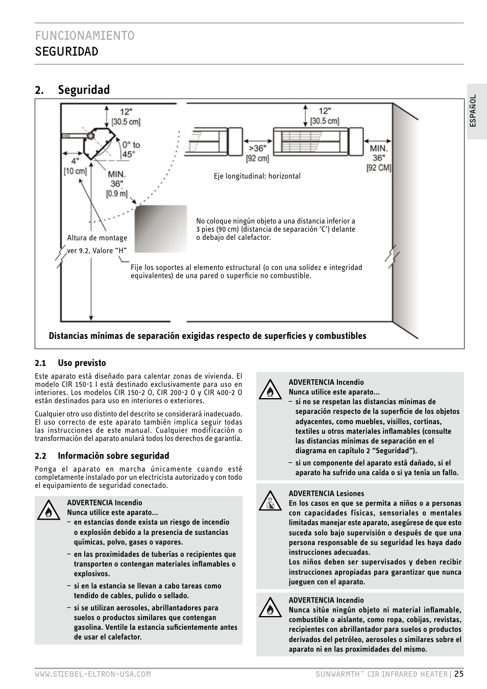 Funcionamiento seguridad, Seguridad | STIEBEL ELTRON SunWarmth CIR 400-2 O User Manual | Page 25 / 72