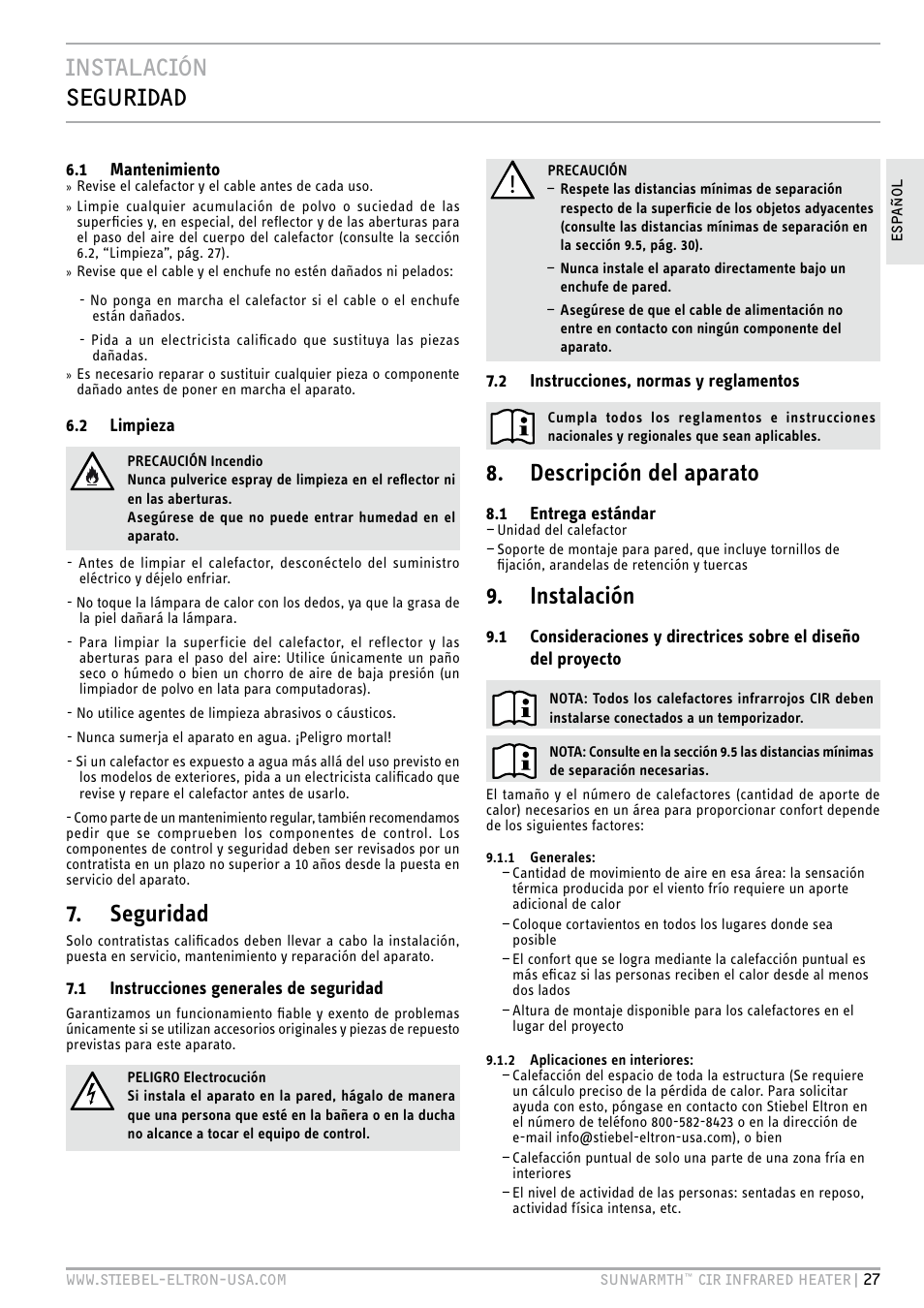 Instalación seguridad, Seguridad, Installation | Descripción del aparato, Instalación | STIEBEL ELTRON SunWarmth CIR 400-2 O User Manual | Page 27 / 72