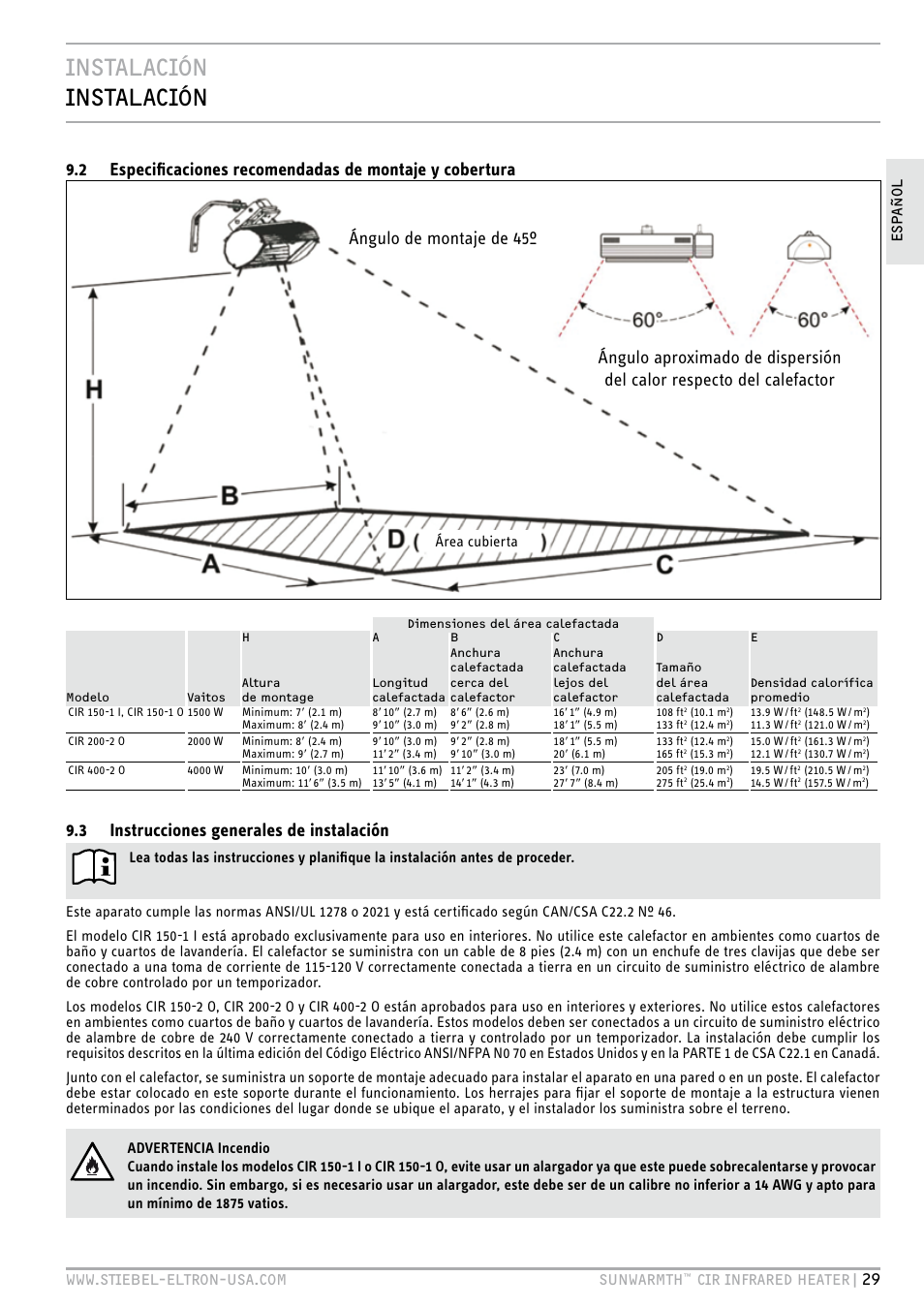 Instalación instalación, 3 instrucciones generales de instalación | STIEBEL ELTRON SunWarmth CIR 400-2 O User Manual | Page 29 / 72