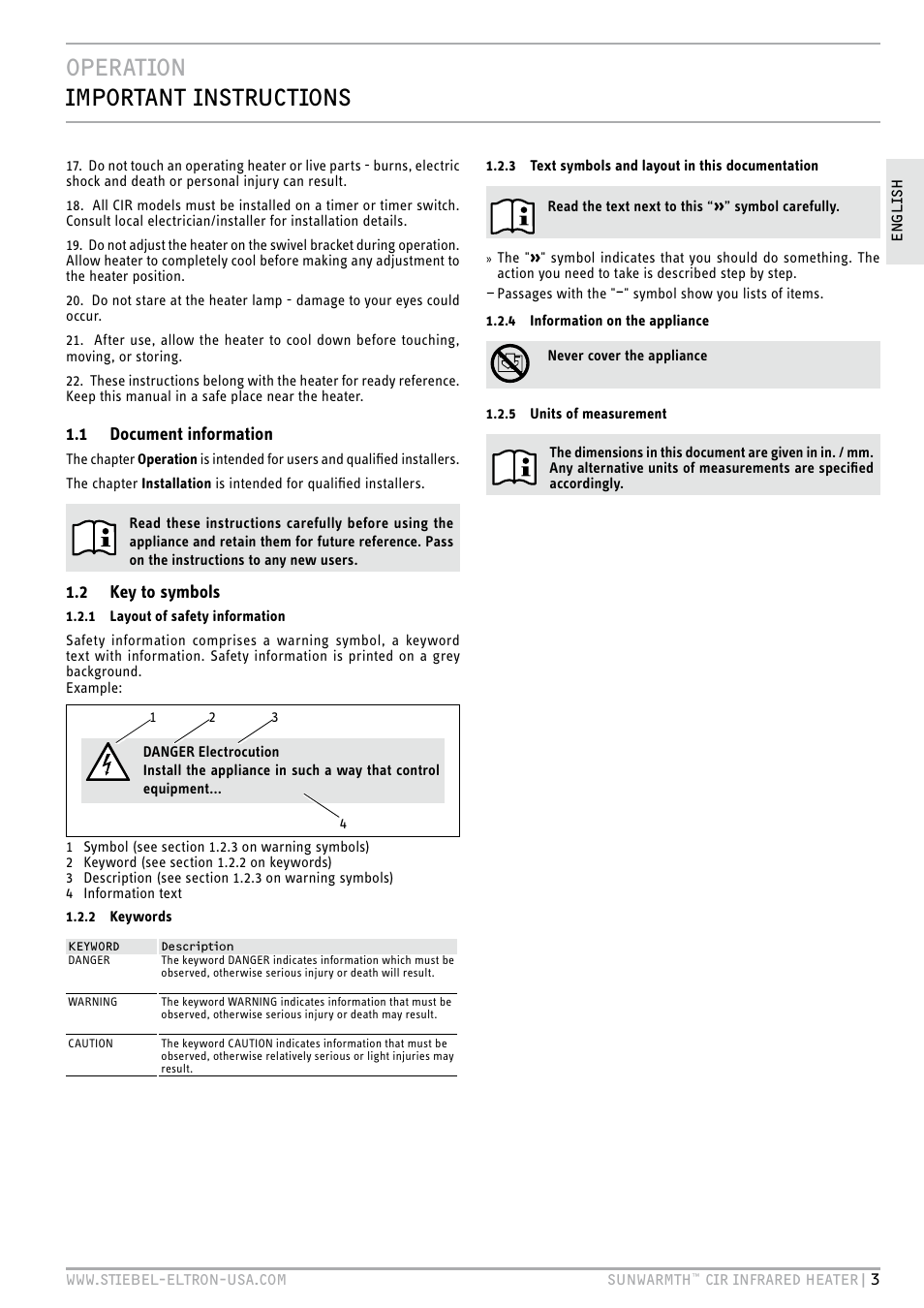 Operation important instructions | STIEBEL ELTRON SunWarmth CIR 400-2 O User Manual | Page 3 / 72