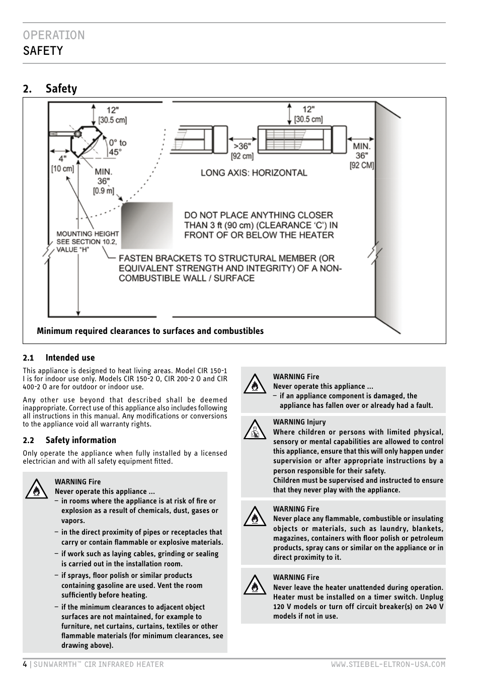 Operation safety, Safety | STIEBEL ELTRON SunWarmth CIR 400-2 O User Manual | Page 4 / 72
