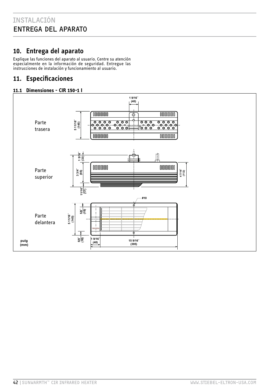 Especificaciones, Parte trasera parte superior parte delantera, 42 |sunwarmth | STIEBEL ELTRON SunWarmth CIR 400-2 O User Manual | Page 42 / 72