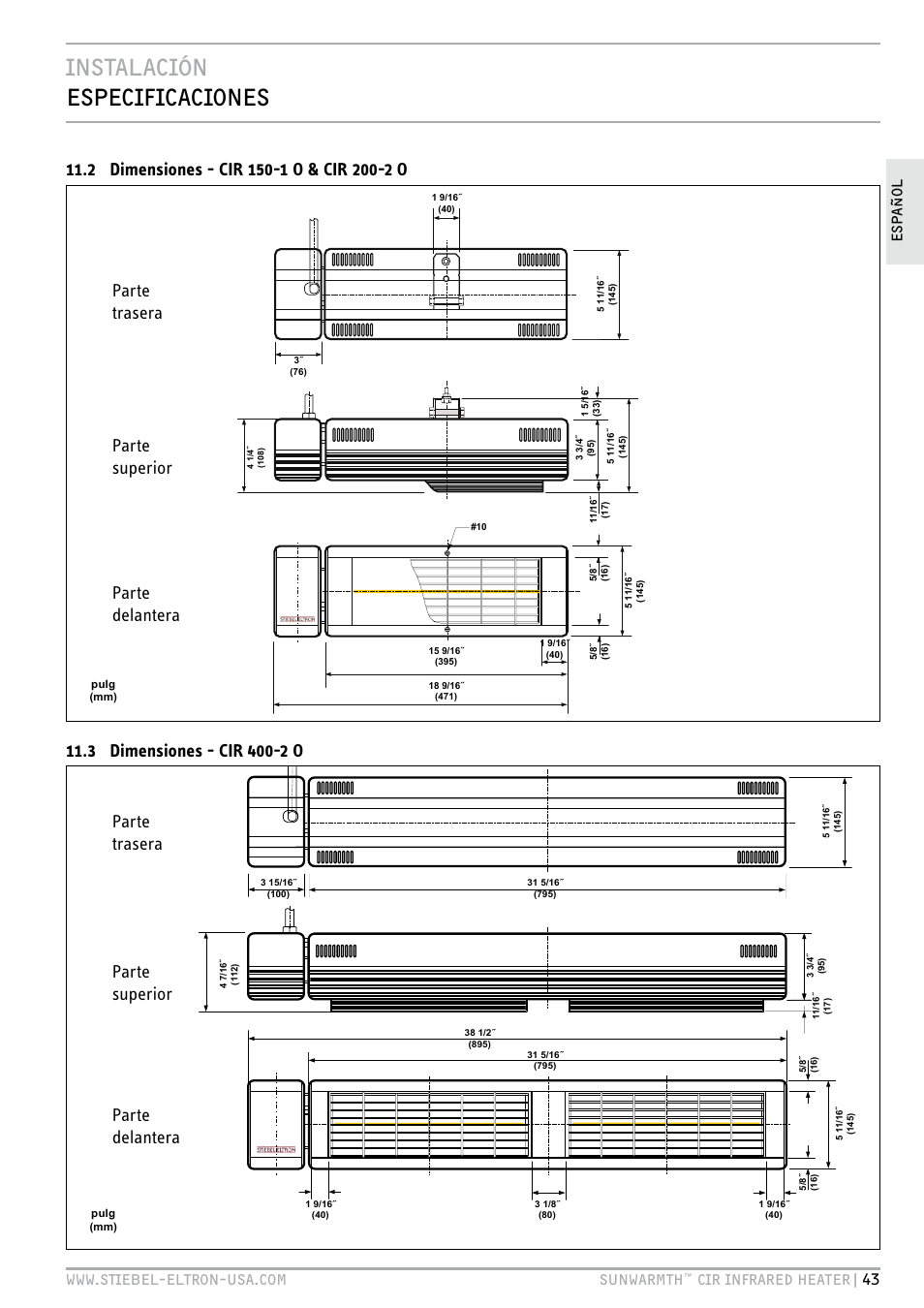Instalación especificaciones, Parte trasera, Cir infrared heater| 43 esp añ o l | STIEBEL ELTRON SunWarmth CIR 400-2 O User Manual | Page 43 / 72