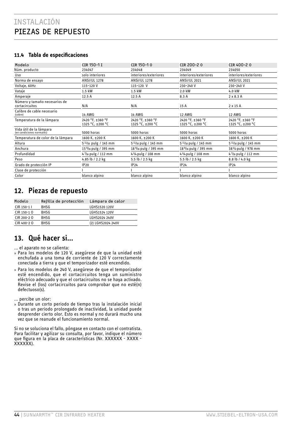 Instalación piezas de repuesto, Piezas de repuesto, Qué hacer si | 4 tabla de especificaciones, 44 |sunwarmth, El aparato no se calienta | STIEBEL ELTRON SunWarmth CIR 400-2 O User Manual | Page 44 / 72