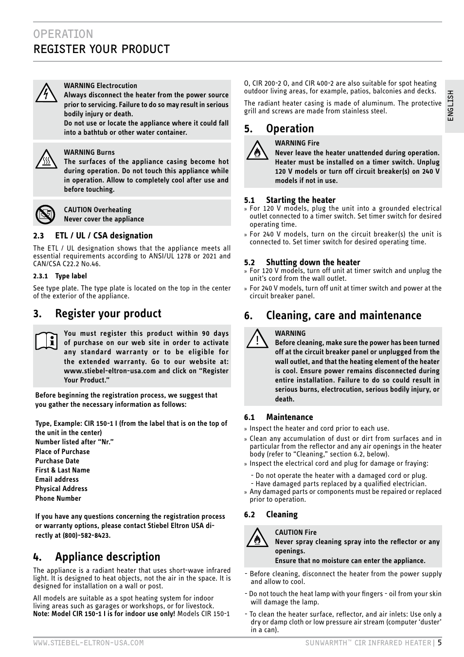 Operation register your product, Operation, Cleaning, care and maintenance | Register your product, Appliance description | STIEBEL ELTRON SunWarmth CIR 400-2 O User Manual | Page 5 / 72