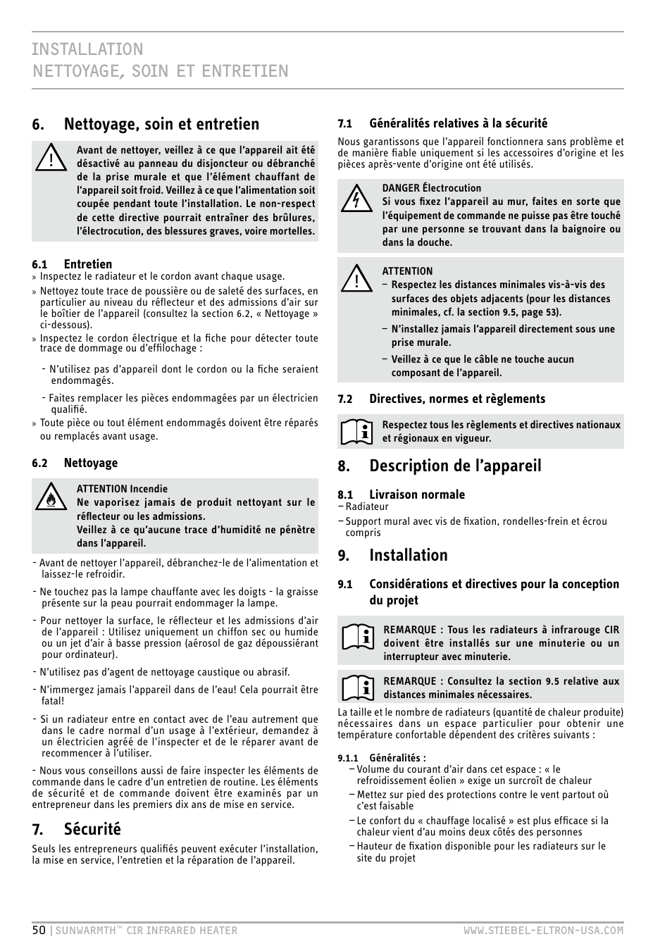 Sécurité, Installation, Description de l’appareil | STIEBEL ELTRON SunWarmth CIR 400-2 O User Manual | Page 50 / 72