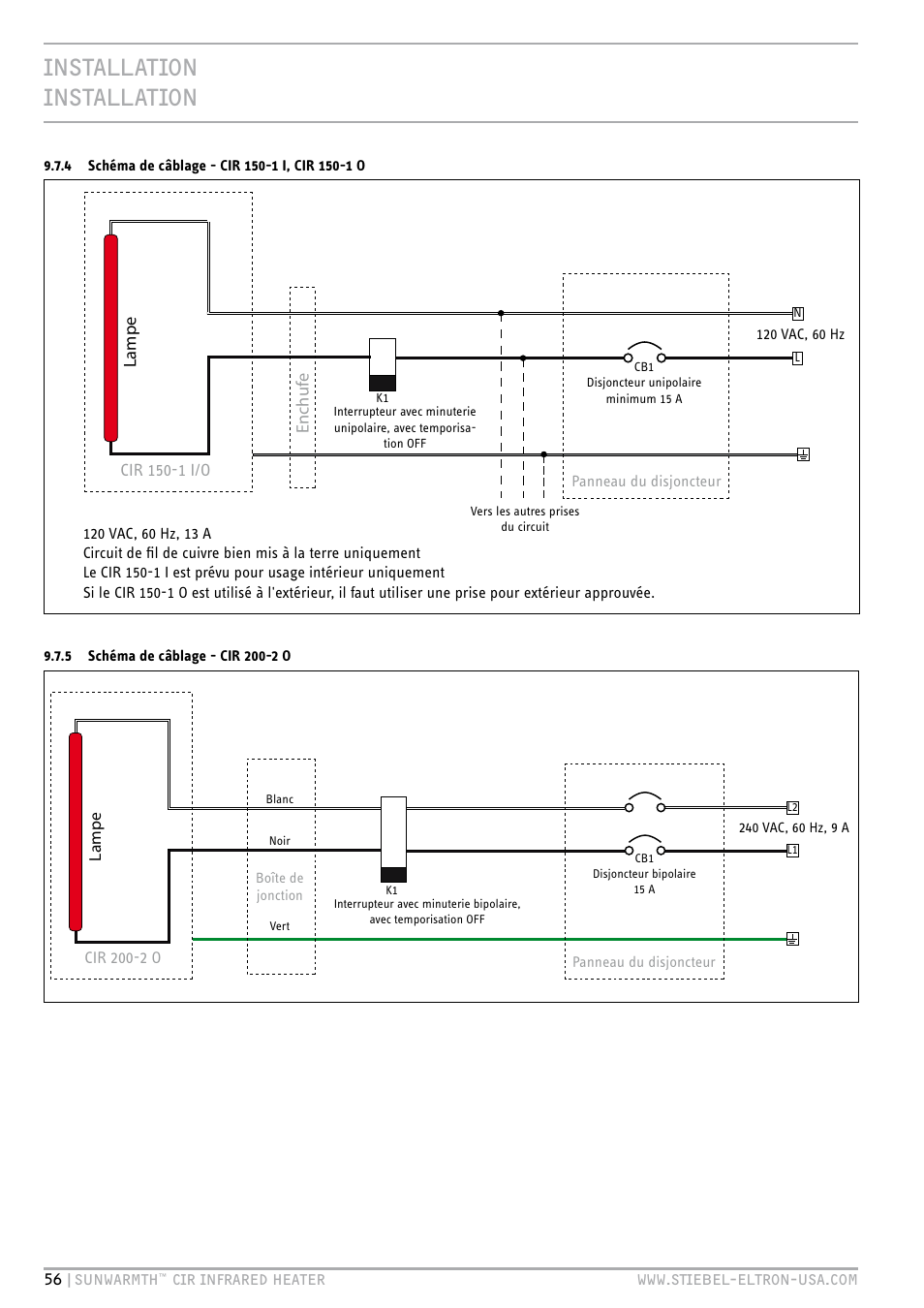 Cir 200-2 o wiring, Installation installation | STIEBEL ELTRON SunWarmth CIR 400-2 O User Manual | Page 56 / 72