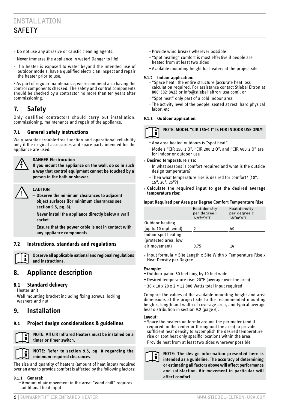 Installation safety, Safety, Appliance description | Installation | STIEBEL ELTRON SunWarmth CIR 400-2 O User Manual | Page 6 / 72