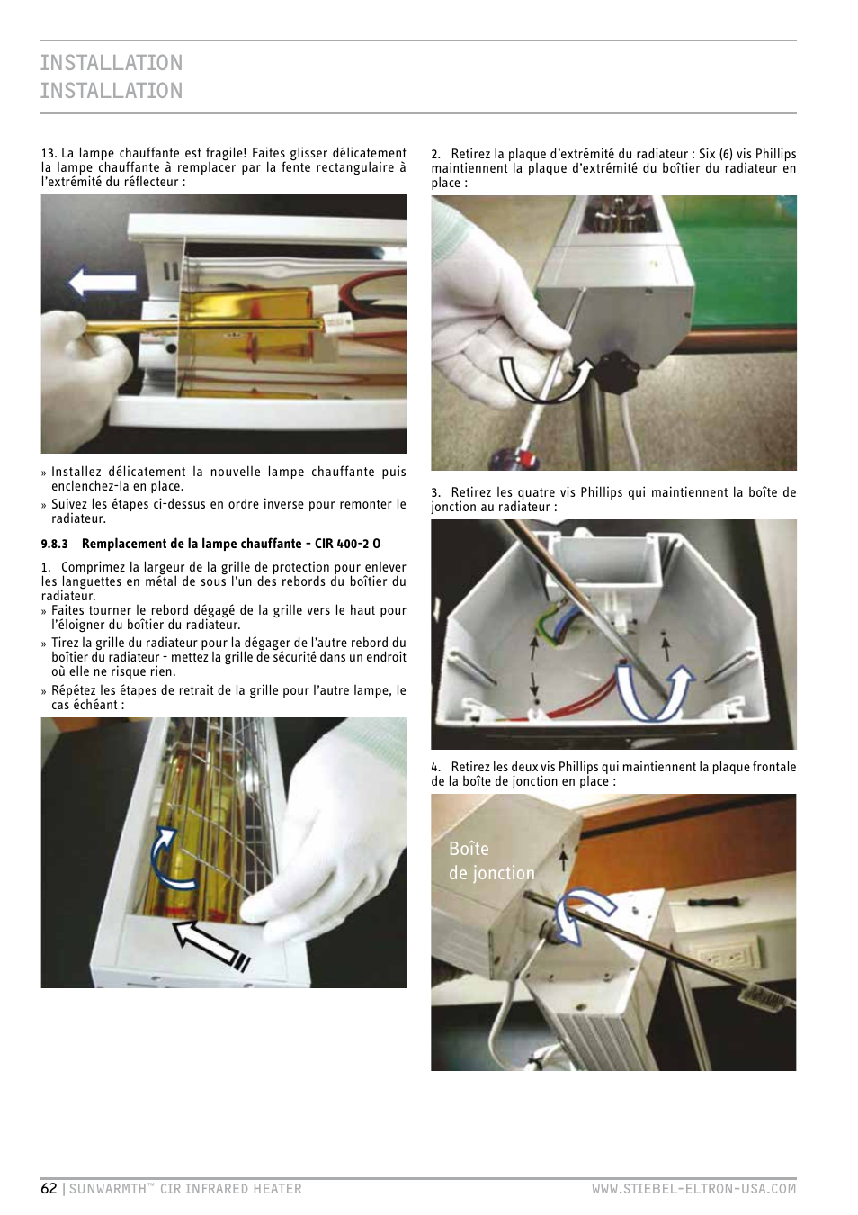 Installation installation, Boîte de jonction | STIEBEL ELTRON SunWarmth CIR 400-2 O User Manual | Page 62 / 72