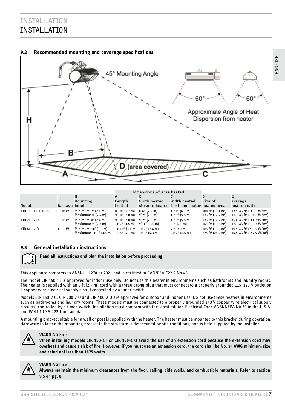 Installation installation, 2 recommended mounting and coverage specifications, 3 general installation instructions | STIEBEL ELTRON SunWarmth CIR 400-2 O User Manual | Page 7 / 72