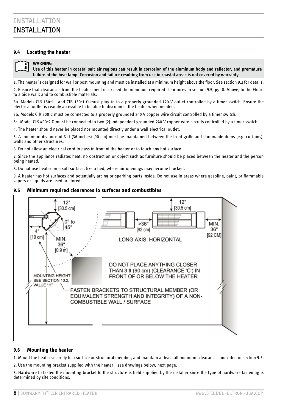 Installation installation | STIEBEL ELTRON SunWarmth CIR 400-2 O User Manual | Page 8 / 72