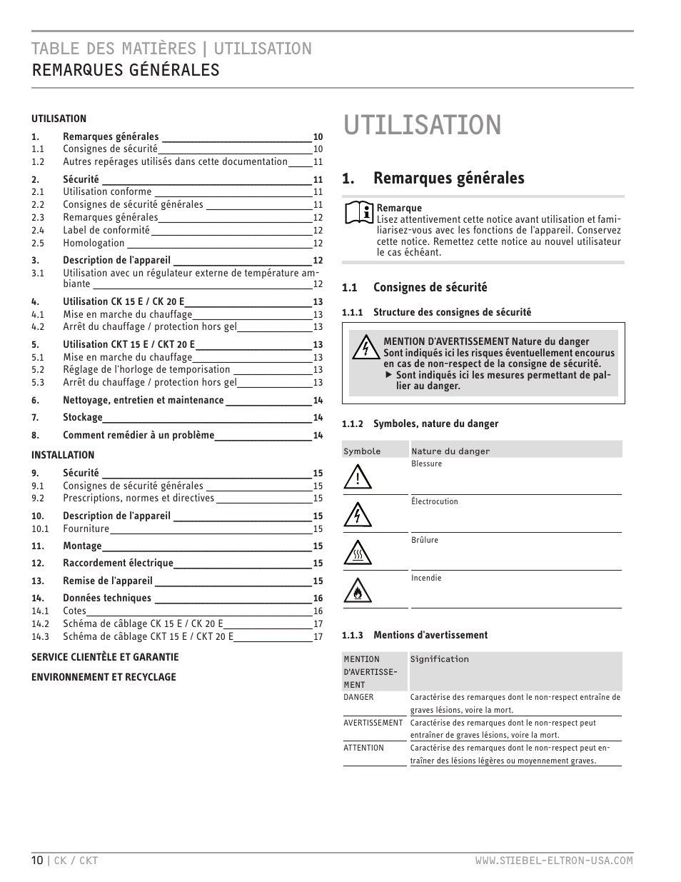 Utilisation, Remarques générales | STIEBEL ELTRON CKT 20 E User Manual | Page 10 / 28