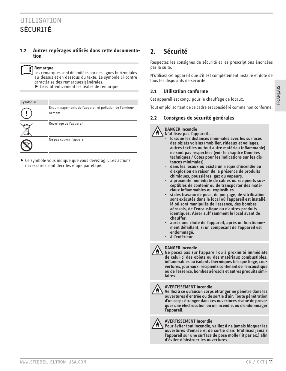 Utilisation sécurité, Sécurité | STIEBEL ELTRON CKT 20 E User Manual | Page 11 / 28