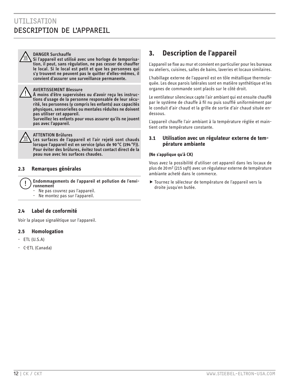 Utilisation description de l'appareil, Description de l'appareil | STIEBEL ELTRON CKT 20 E User Manual | Page 12 / 28