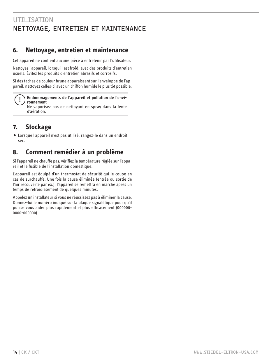 Utilisation nettoyage, entretien et maintenance, Nettoyage, entretien et maintenance, Stockage | Comment remédier à un problème | STIEBEL ELTRON CKT 20 E User Manual | Page 14 / 28