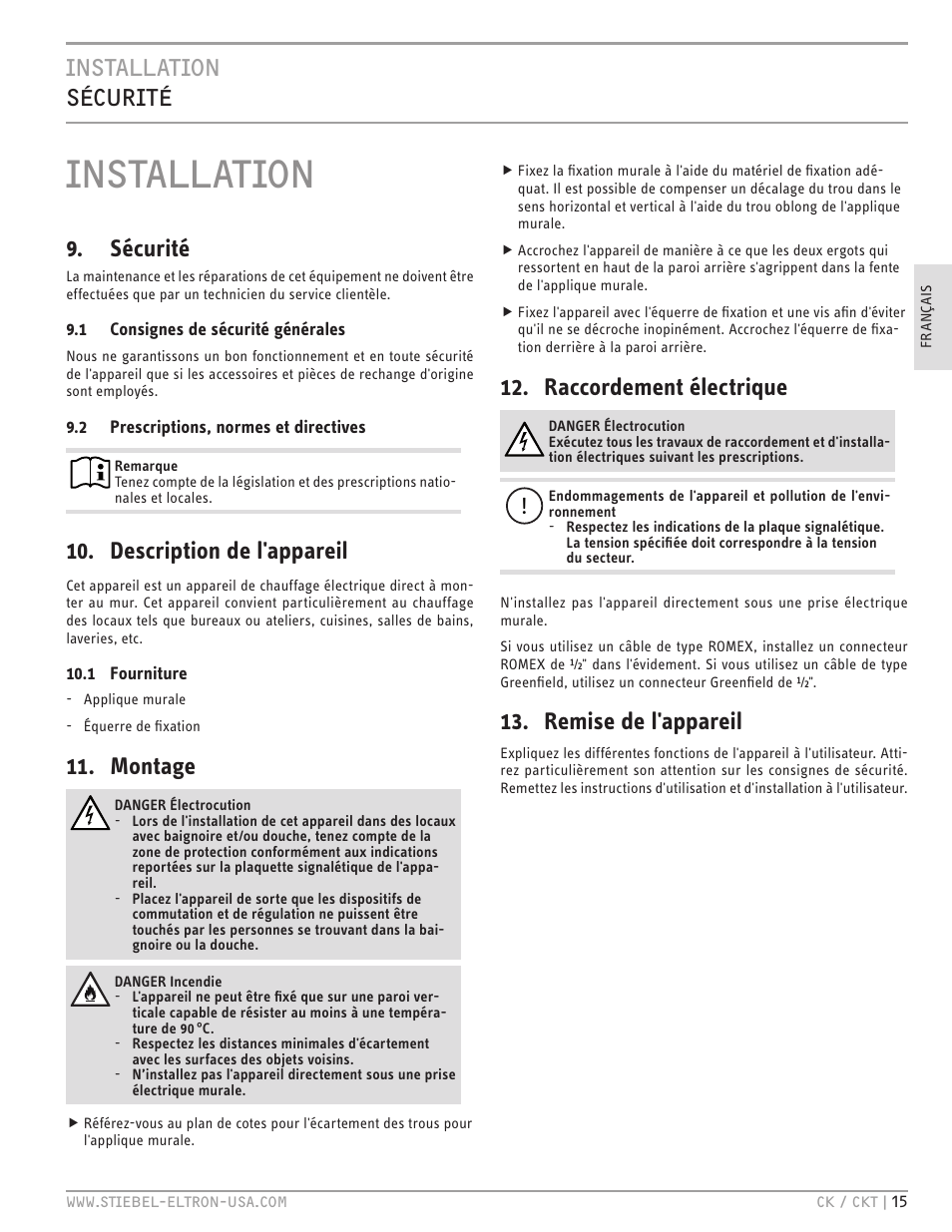 Installation, Installation sécurité, Sécurité | Description de l'appareil, Montage, Raccordement électrique, Remise de l'appareil | STIEBEL ELTRON CKT 20 E User Manual | Page 15 / 28