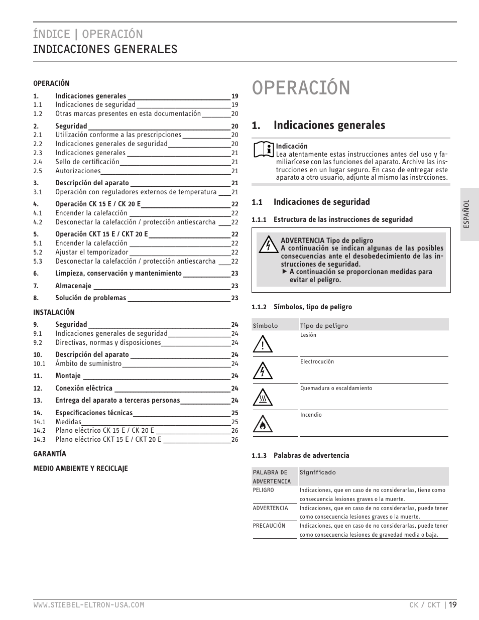 Operación, Índice | operación indicaciones generales, Indicaciones generales | STIEBEL ELTRON CKT 20 E User Manual | Page 19 / 28