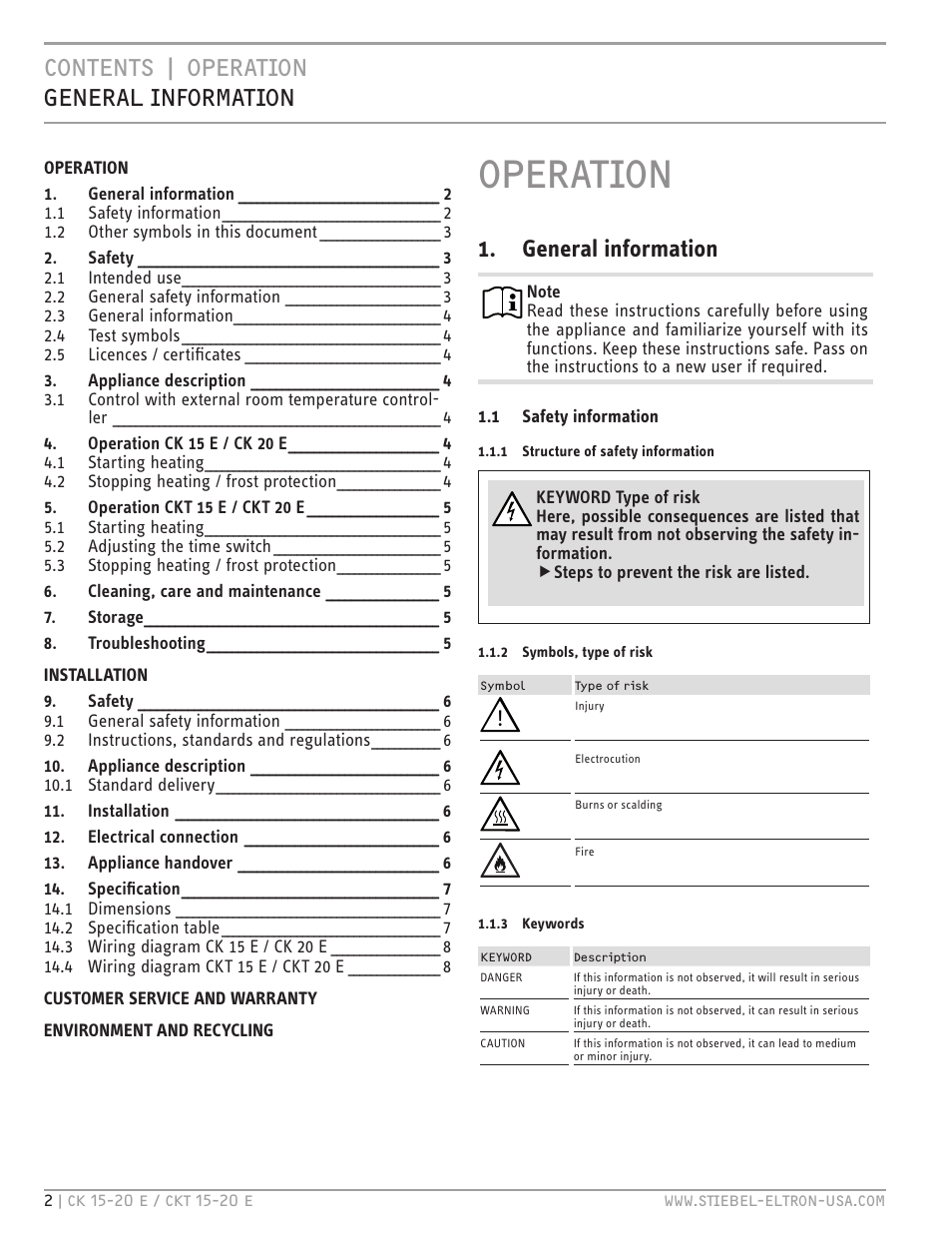 Operation, Contents | operation general information, General information | STIEBEL ELTRON CKT 20 E User Manual | Page 2 / 28