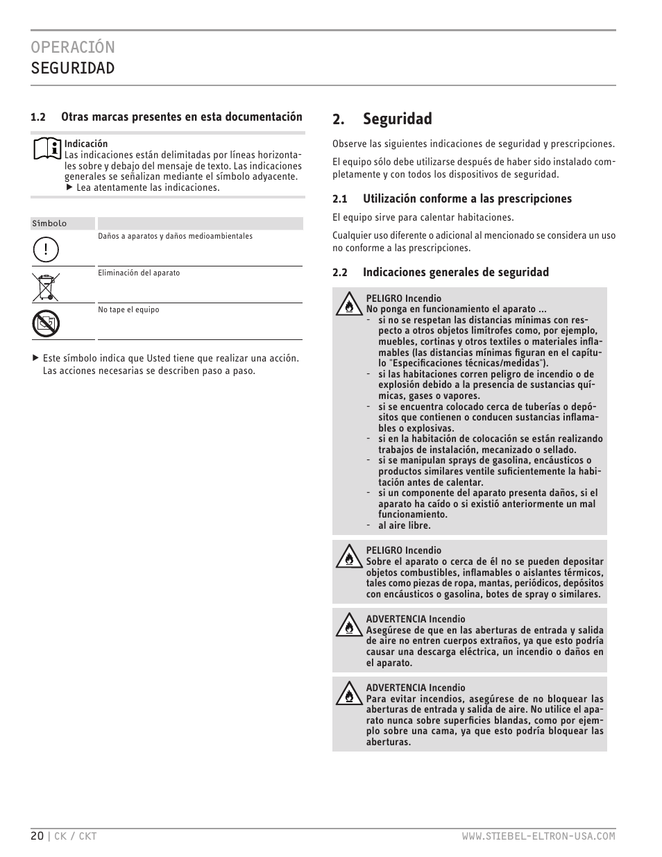 Operación seguridad, Seguridad | STIEBEL ELTRON CKT 20 E User Manual | Page 20 / 28