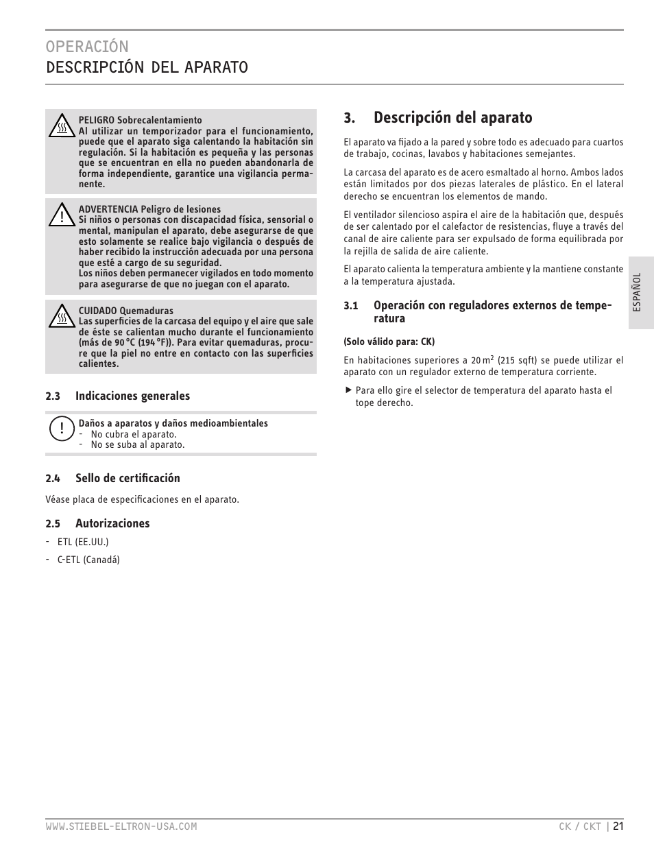 Operación descripción del aparato, Descripción del aparato | STIEBEL ELTRON CKT 20 E User Manual | Page 21 / 28