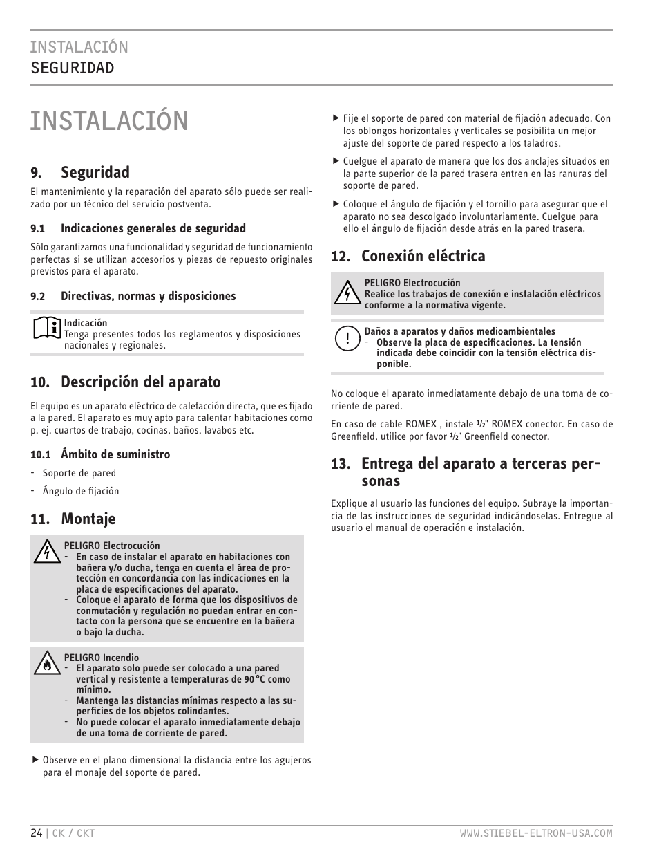 Instalación, Instalación seguridad, Seguridad | Descripción del aparato, Montaje, Conexión eléctrica, Entrega del aparato a terceras per- sonas | STIEBEL ELTRON CKT 20 E User Manual | Page 24 / 28