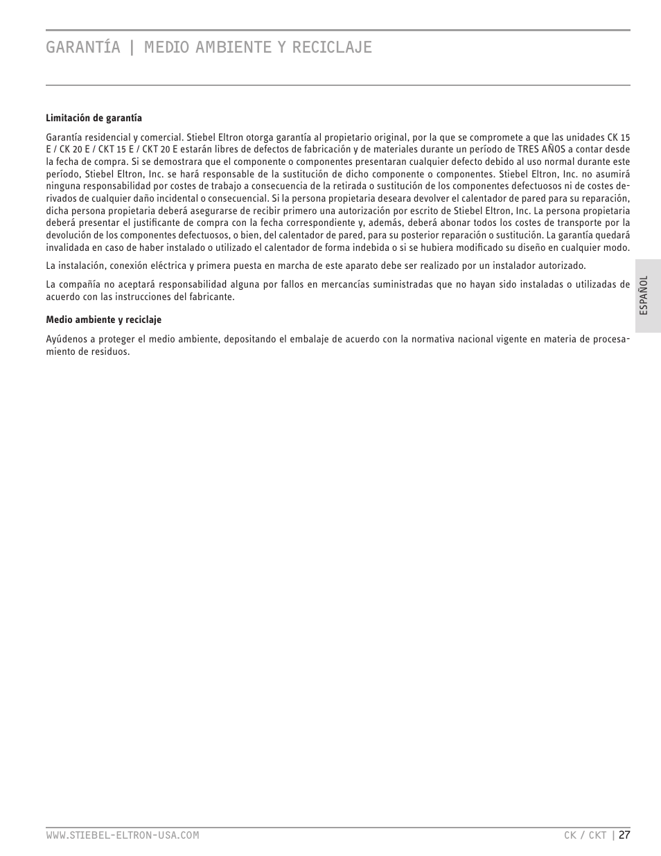 Garantía medio ambiente y reciclaje, Garantía | medio ambiente y reciclaje | STIEBEL ELTRON CKT 20 E User Manual | Page 27 / 28