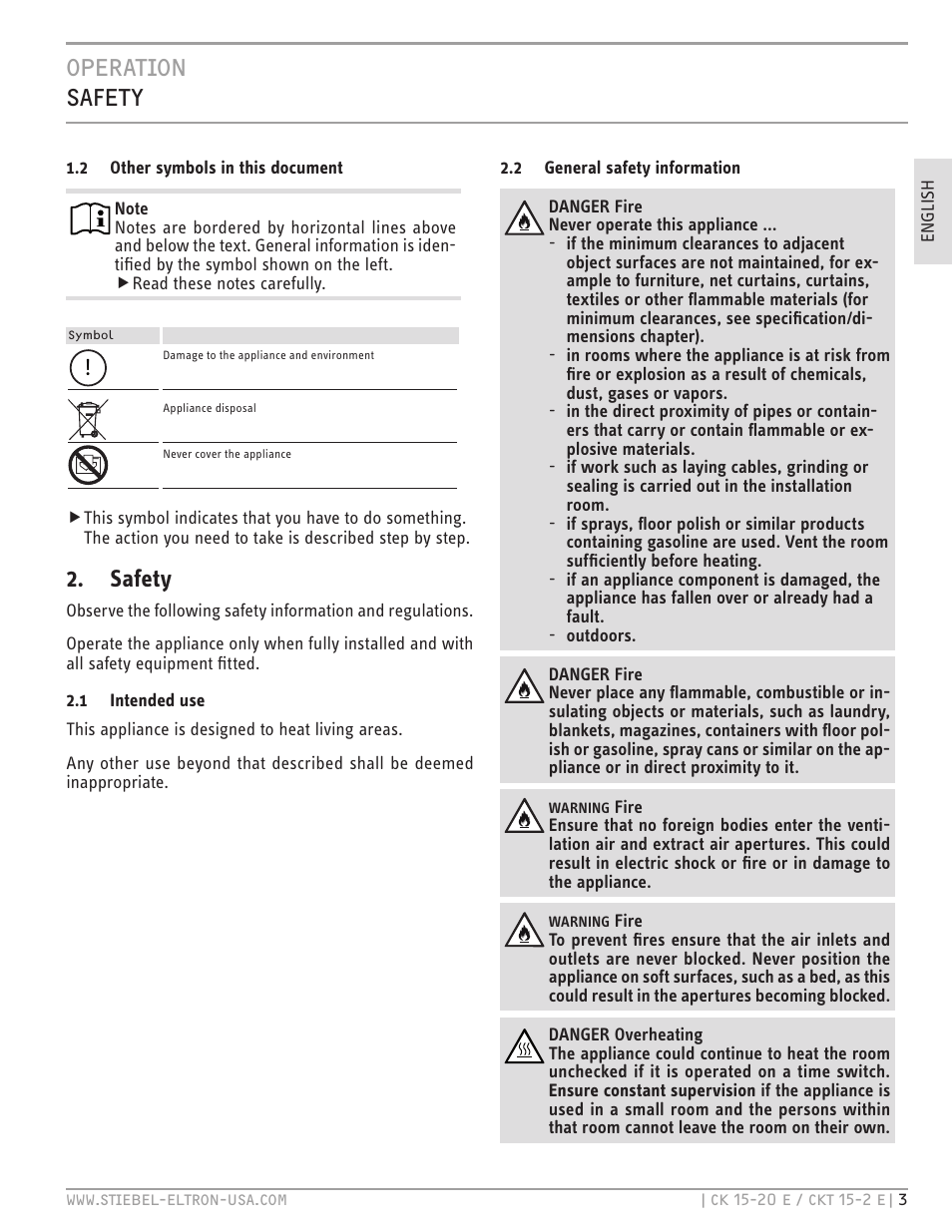 Operation safety, Safety | STIEBEL ELTRON CKT 20 E User Manual | Page 3 / 28