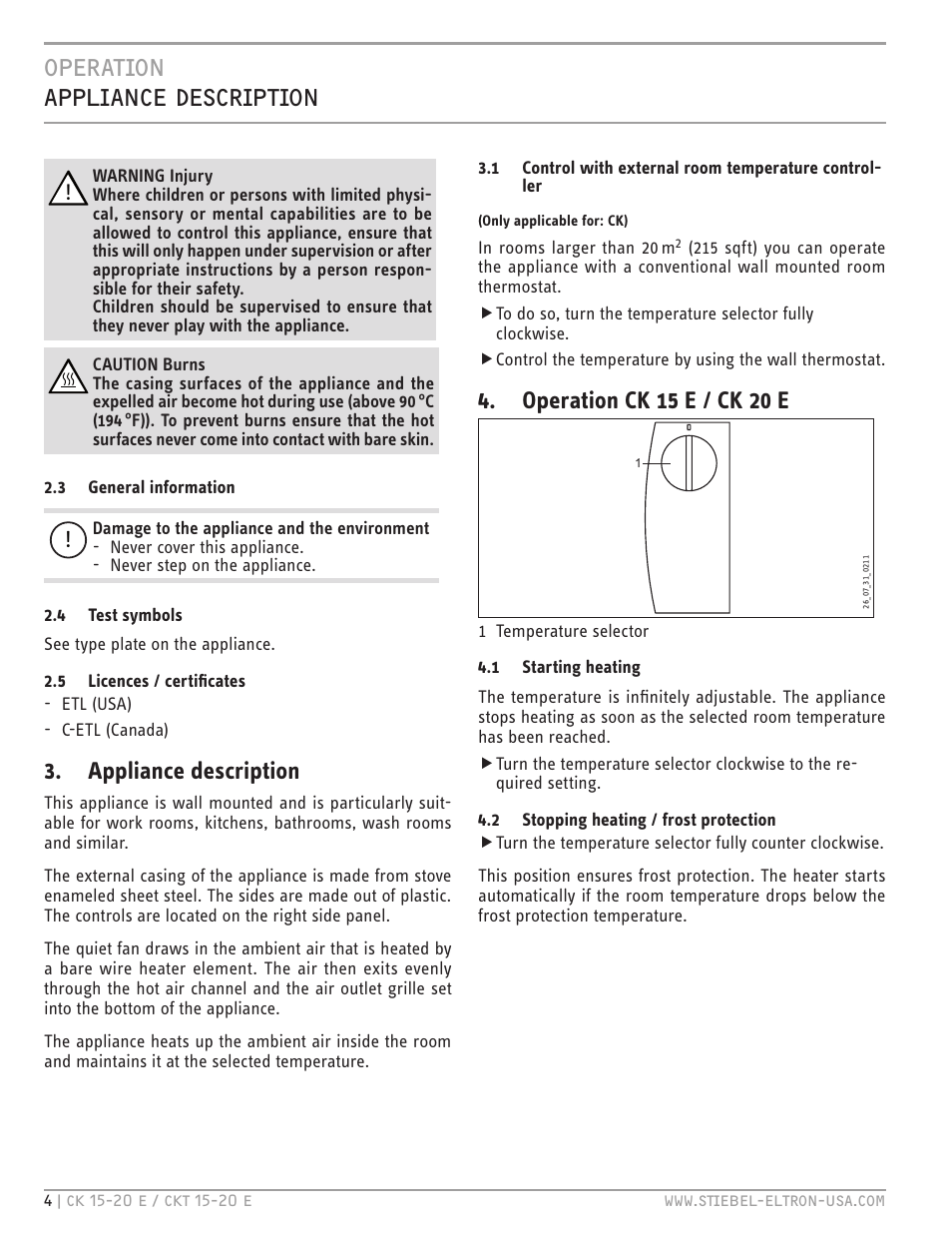 Operation appliance description, Appliance description, Operation ck 15 e / ck 20 e | STIEBEL ELTRON CKT 20 E User Manual | Page 4 / 28
