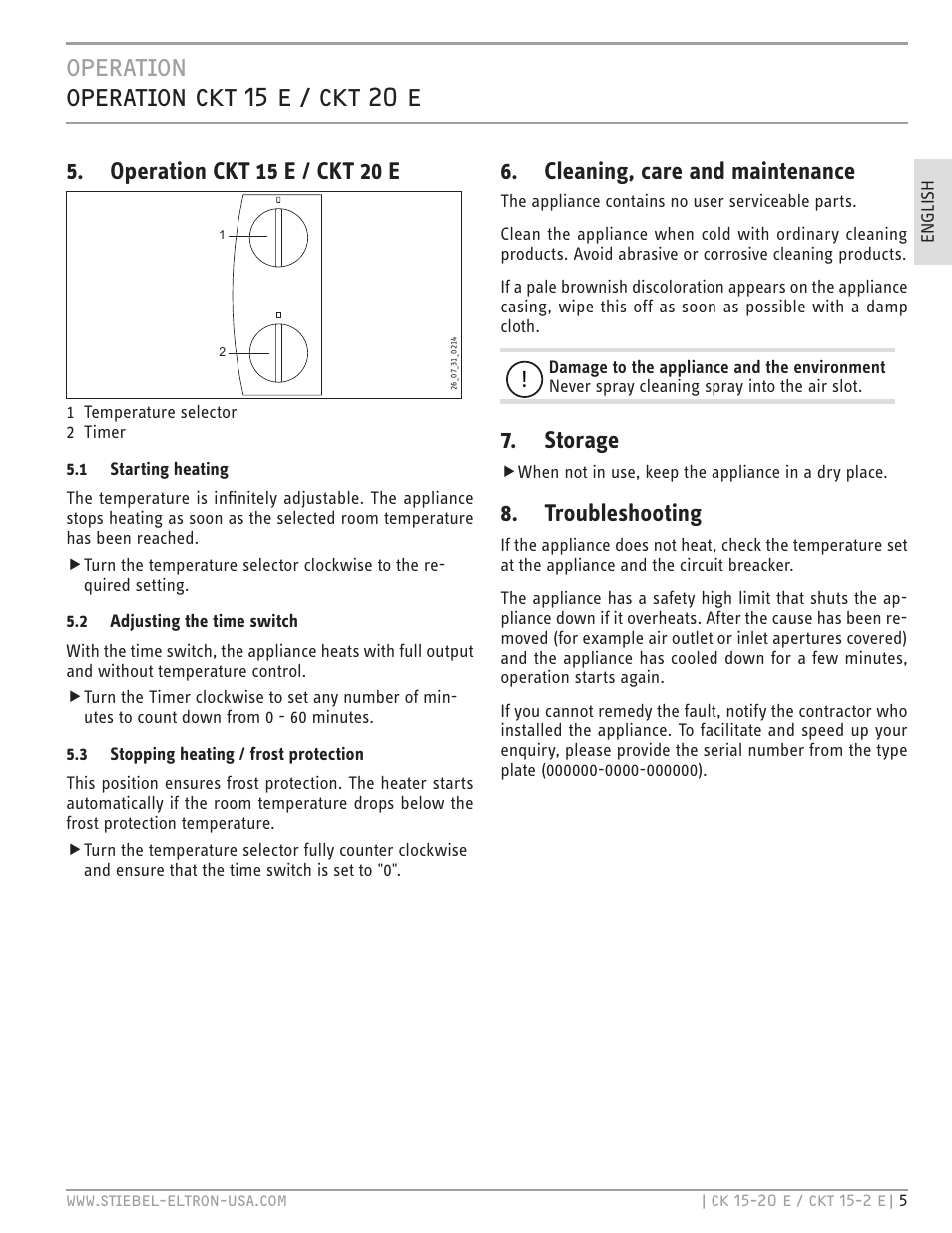 Operation operation ckt 15 e / ckt 20 e, Operation ckt 15 e / ckt 20 e, Cleaning, care and maintenance | Storage, Troubleshooting | STIEBEL ELTRON CKT 20 E User Manual | Page 5 / 28