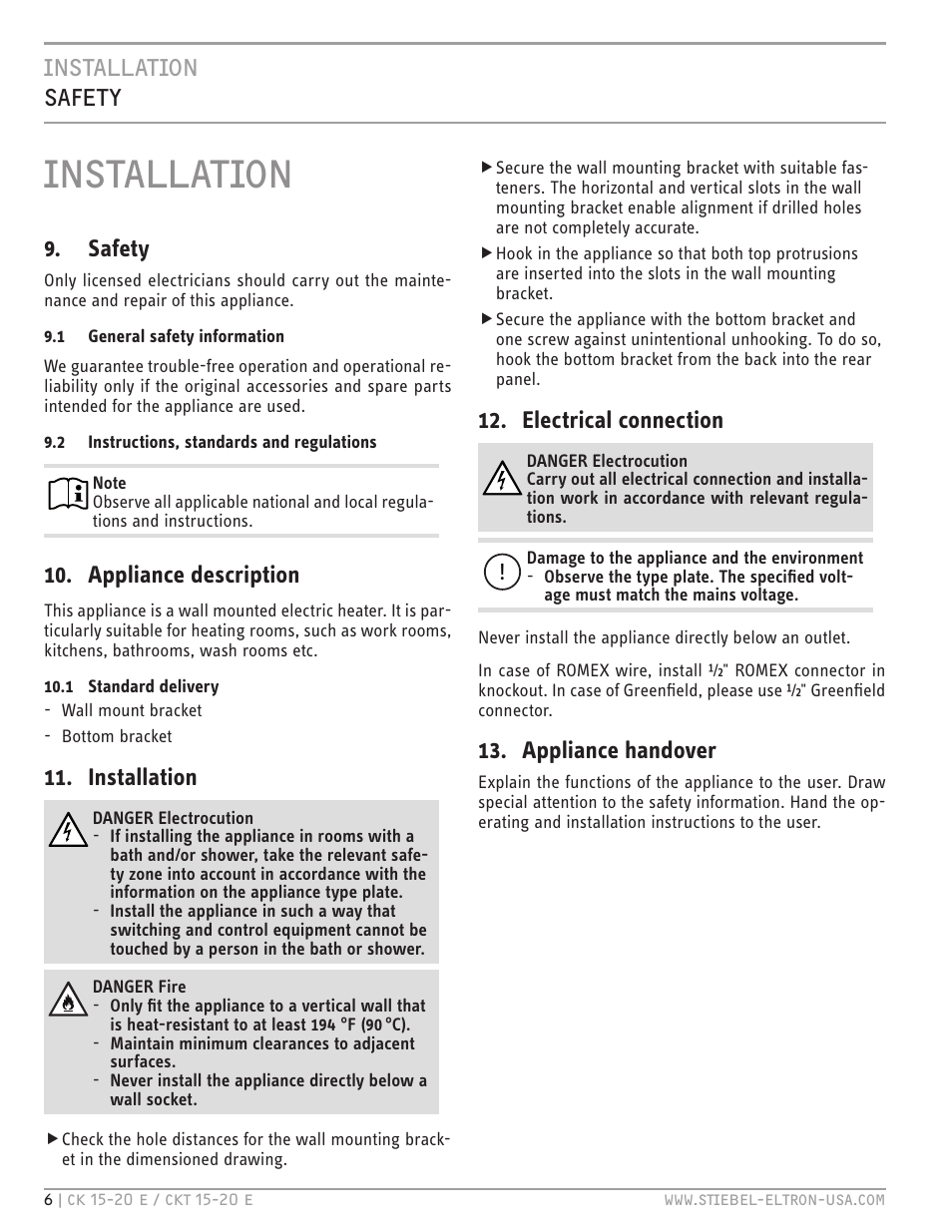 Installation, Installation safety, Safety | Appliance description, Electrical connection, Appliance handover | STIEBEL ELTRON CKT 20 E User Manual | Page 6 / 28