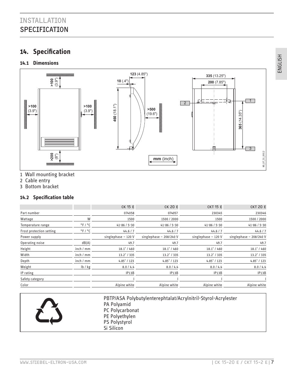 Installation specification 14. specification, En g li sh, 1 dimensions | STIEBEL ELTRON CKT 20 E User Manual | Page 7 / 28