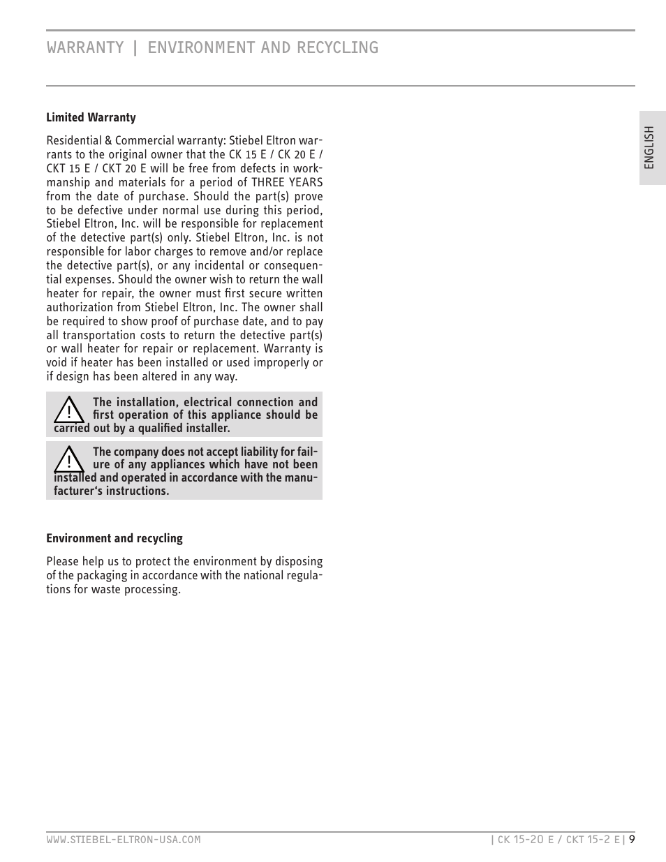 Warranty environment and recycling | STIEBEL ELTRON CKT 20 E User Manual | Page 9 / 28