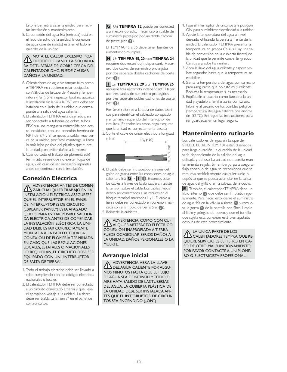 Conexión eléctrica, Mantenimiento rutinario, Arranque inicial | STIEBEL ELTRON Tempra 36 User Manual | Page 10 / 20