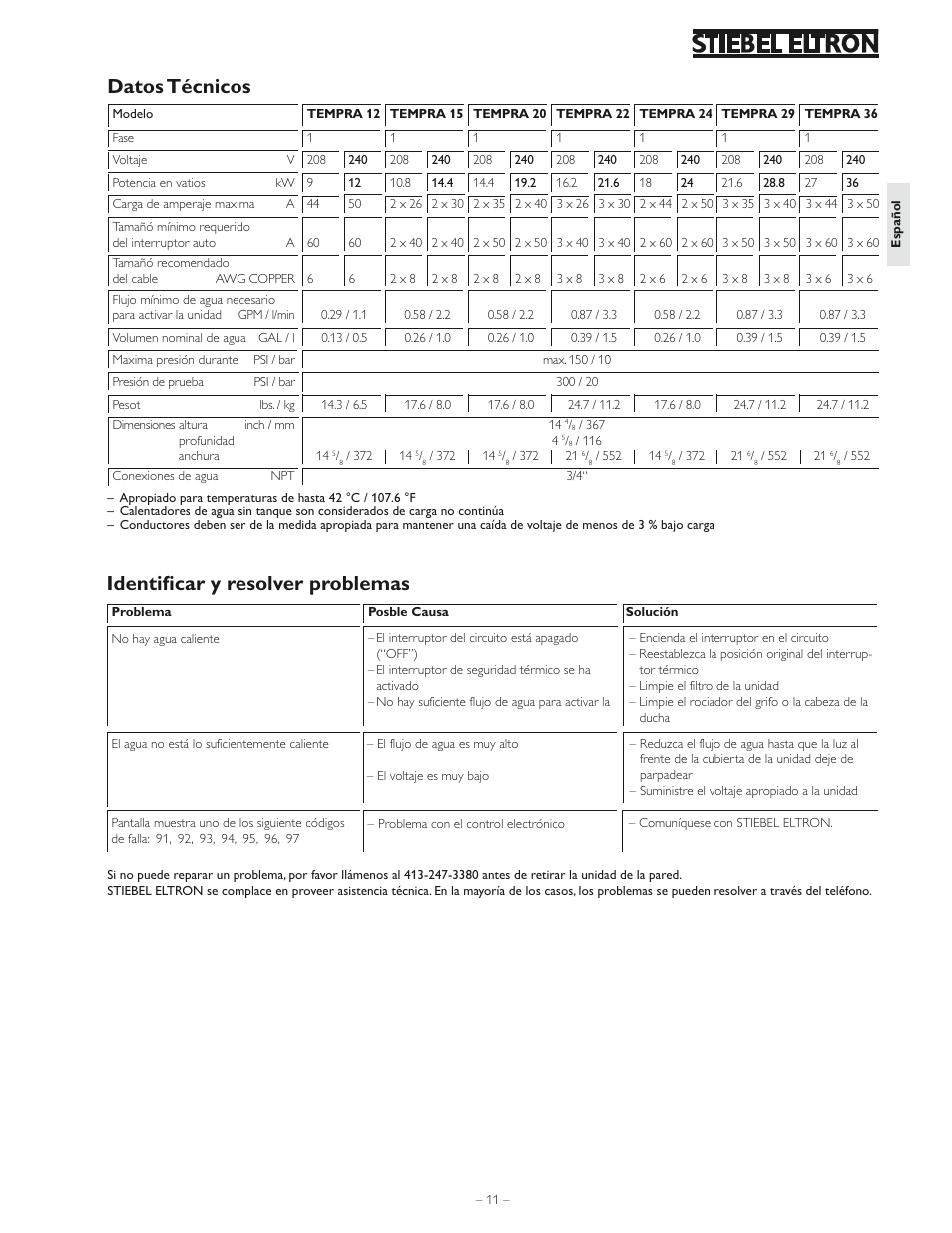 Datos técnicos, Identiﬁ car y resolver problemas | STIEBEL ELTRON Tempra 36 User Manual | Page 11 / 20