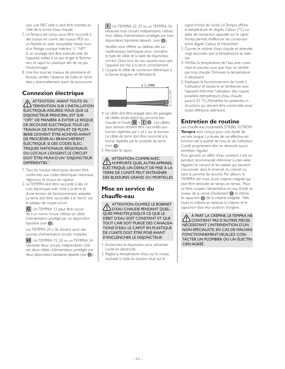 Connexion électrique, Entretien de routine, Mise en service du chauffe-eau | STIEBEL ELTRON Tempra 36 User Manual | Page 14 / 20