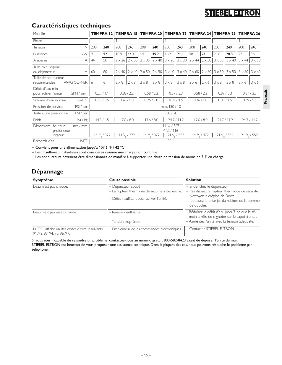 Caractéristiques techniques dé pannage | STIEBEL ELTRON Tempra 36 User Manual | Page 15 / 20