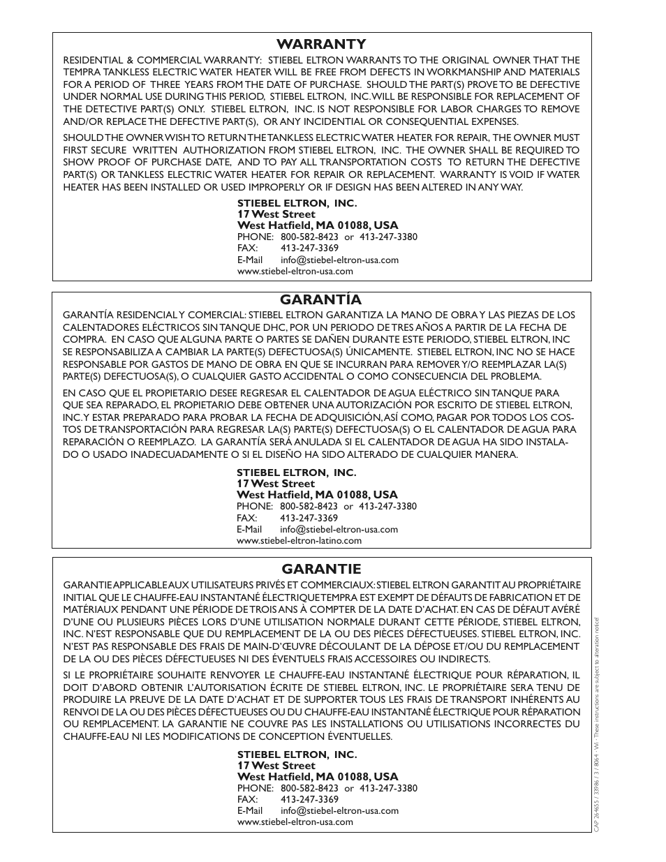 Warranty, Garantie, Garantía | STIEBEL ELTRON Tempra 36 User Manual | Page 20 / 20