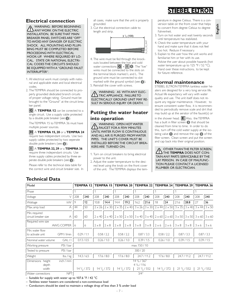Technical data, El ectrical connection, No rmal maintenance | Putting th e water heater into o peration | STIEBEL ELTRON Tempra 36 User Manual | Page 7 / 20