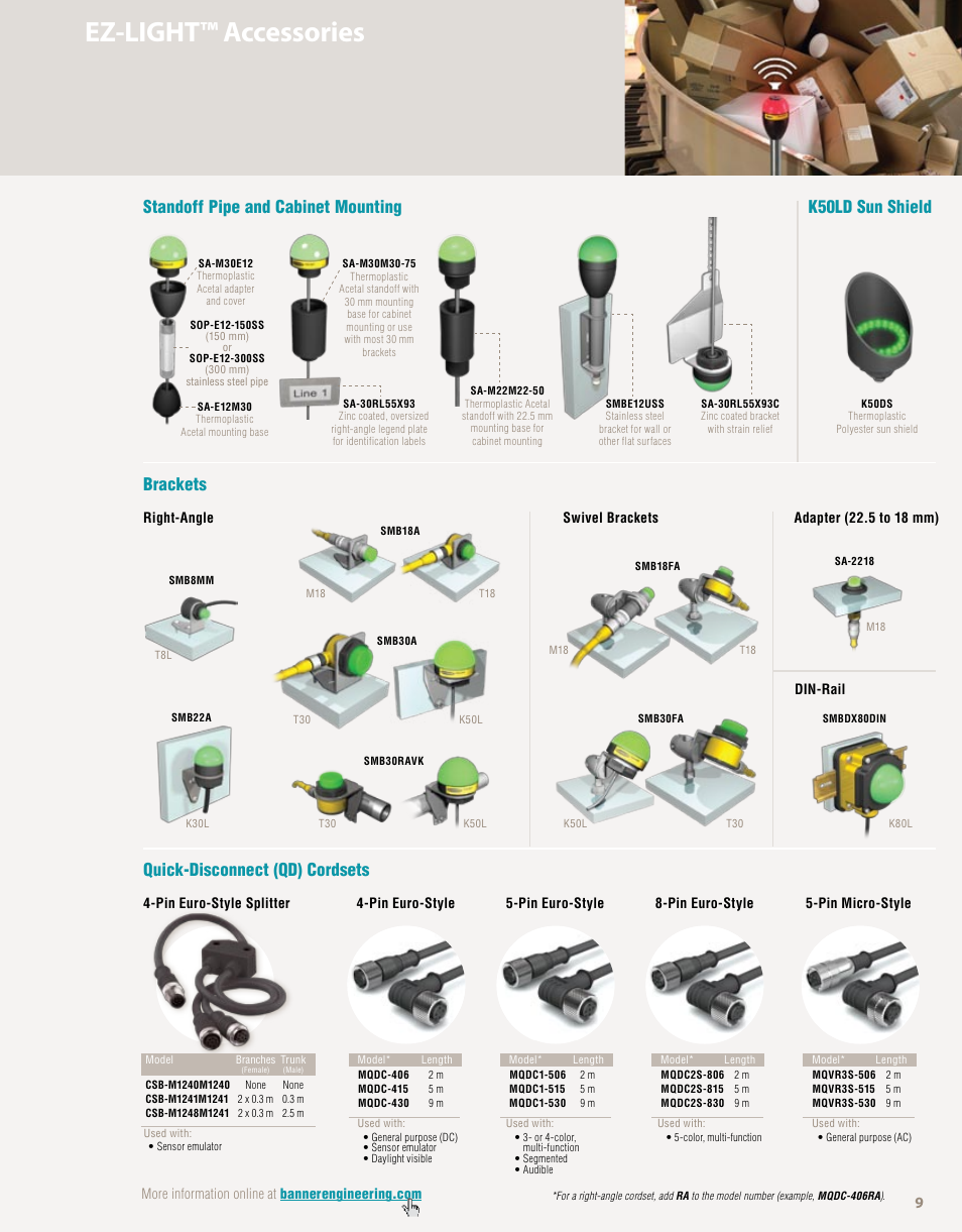 Ez-light™ accessories, Quick-disconnect (qd) cordsets | Banner EZ-LIGHT User Manual | Page 9 / 12