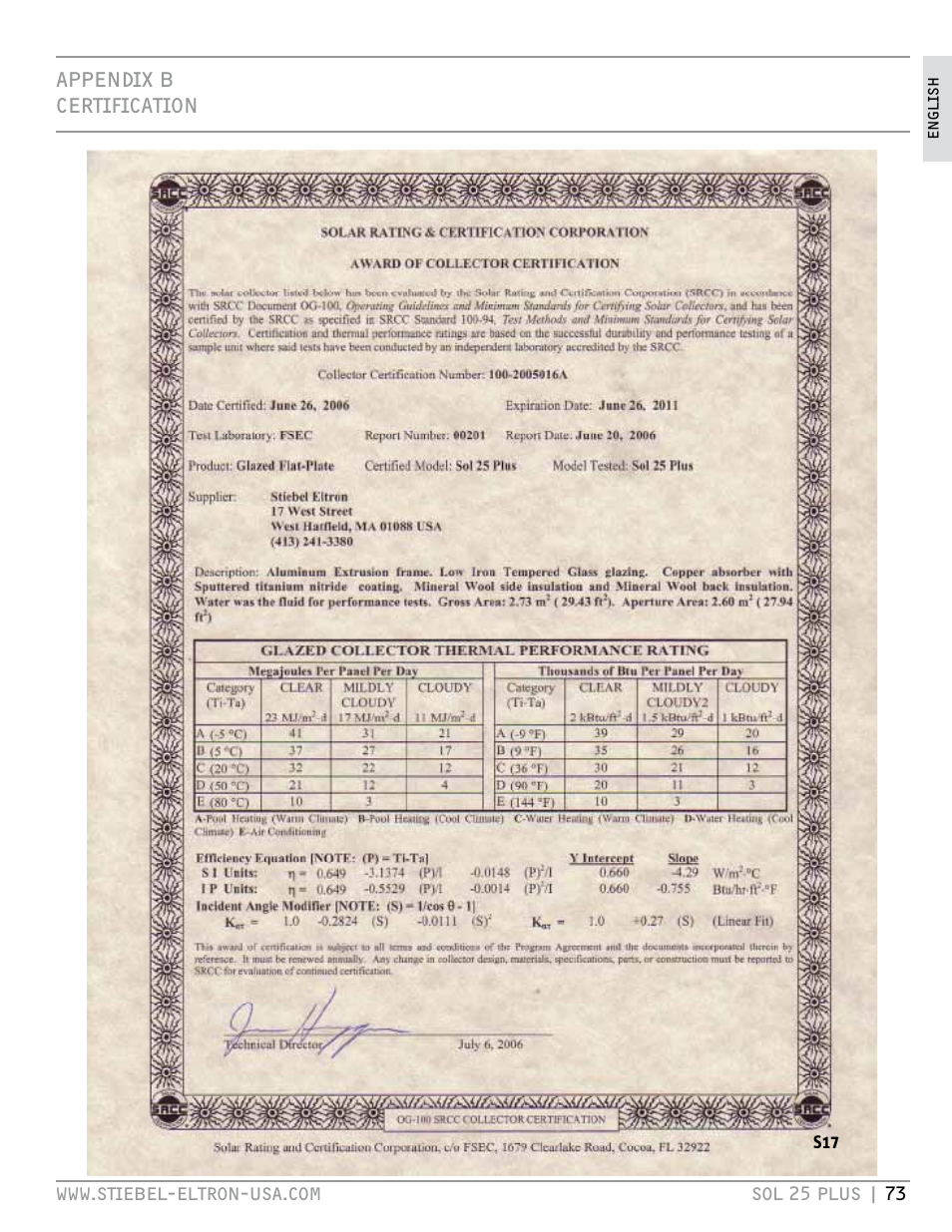 Appendix b certification | STIEBEL ELTRON SOL 25 PLUS User Manual | Page 73 / 77