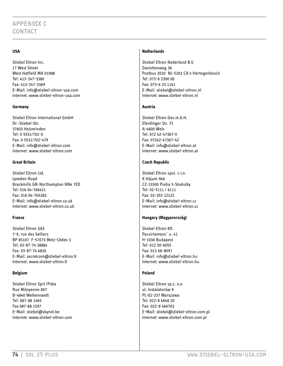 Appendix c contact | STIEBEL ELTRON SOL 25 PLUS User Manual | Page 74 / 77