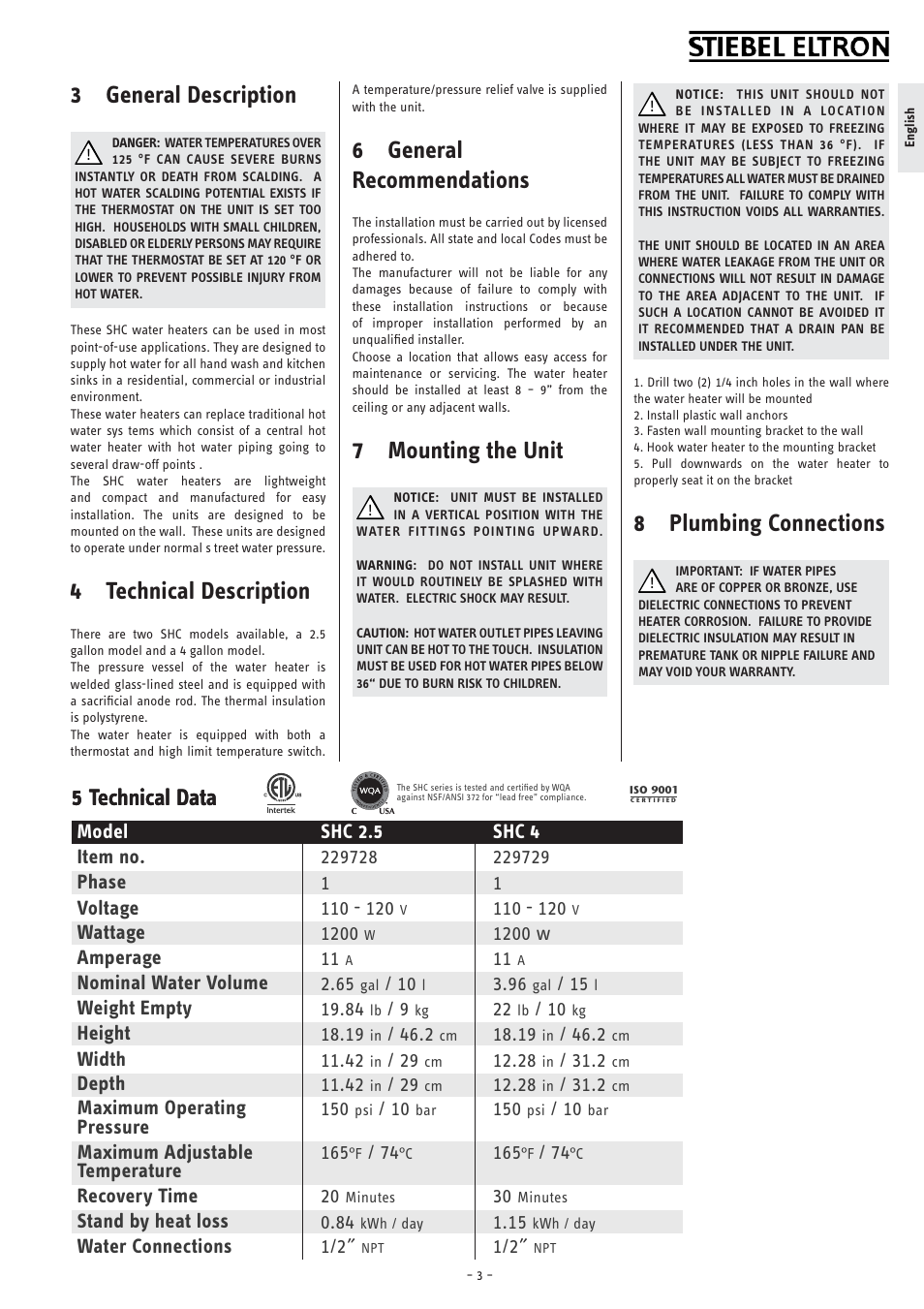 3 general description, 4 technical description, 6 general recommendations | 7 mounting the unit, 8 plumbing connections, 5 technical data | STIEBEL ELTRON SHC 4 User Manual | Page 3 / 6