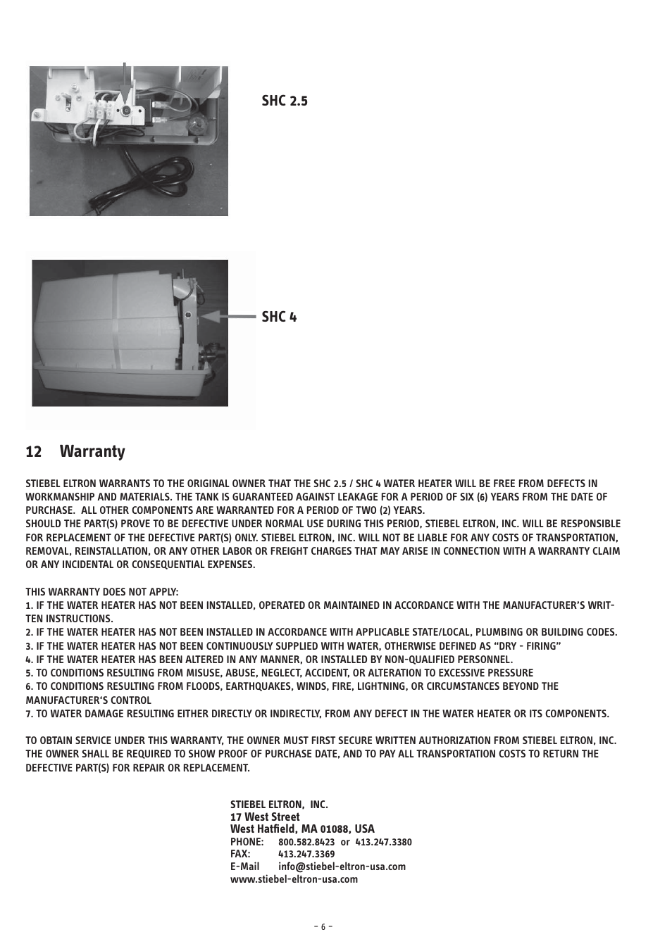 12 warranty, Shc 2.5 shc 4 | STIEBEL ELTRON SHC 4 User Manual | Page 6 / 6