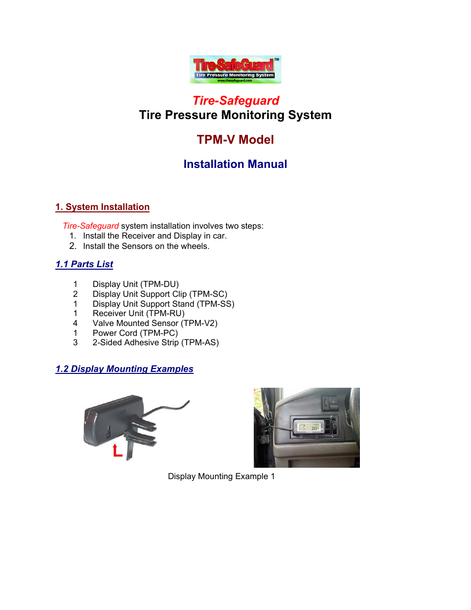 Tire-SafeGuard Tire Pressure Monitoring System TPM-V User Manual | 4 pages