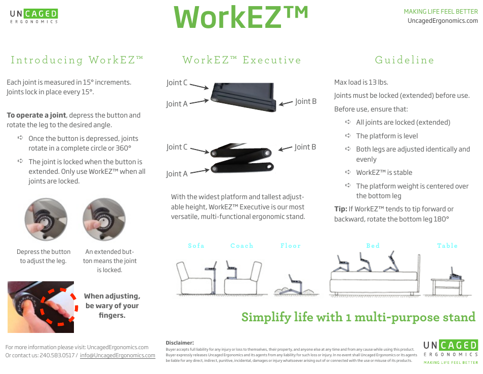 Uncaged Ergonomics WorkEZ Executive User Manual | 2 pages
